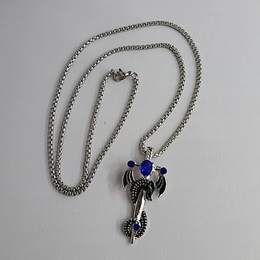 Dragon Cross Sword Necklace Blue Stone Medieval Fantasy Gothic Silver Unisex 24
